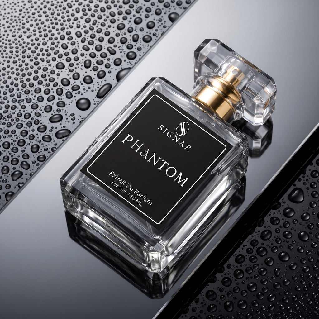 SIGNAR PHANTOM Extrait De Parfum 100ml perfume bottle with a clear glass body, black label, and gold spray mechanism, resting on a glossy black surface with water droplets.