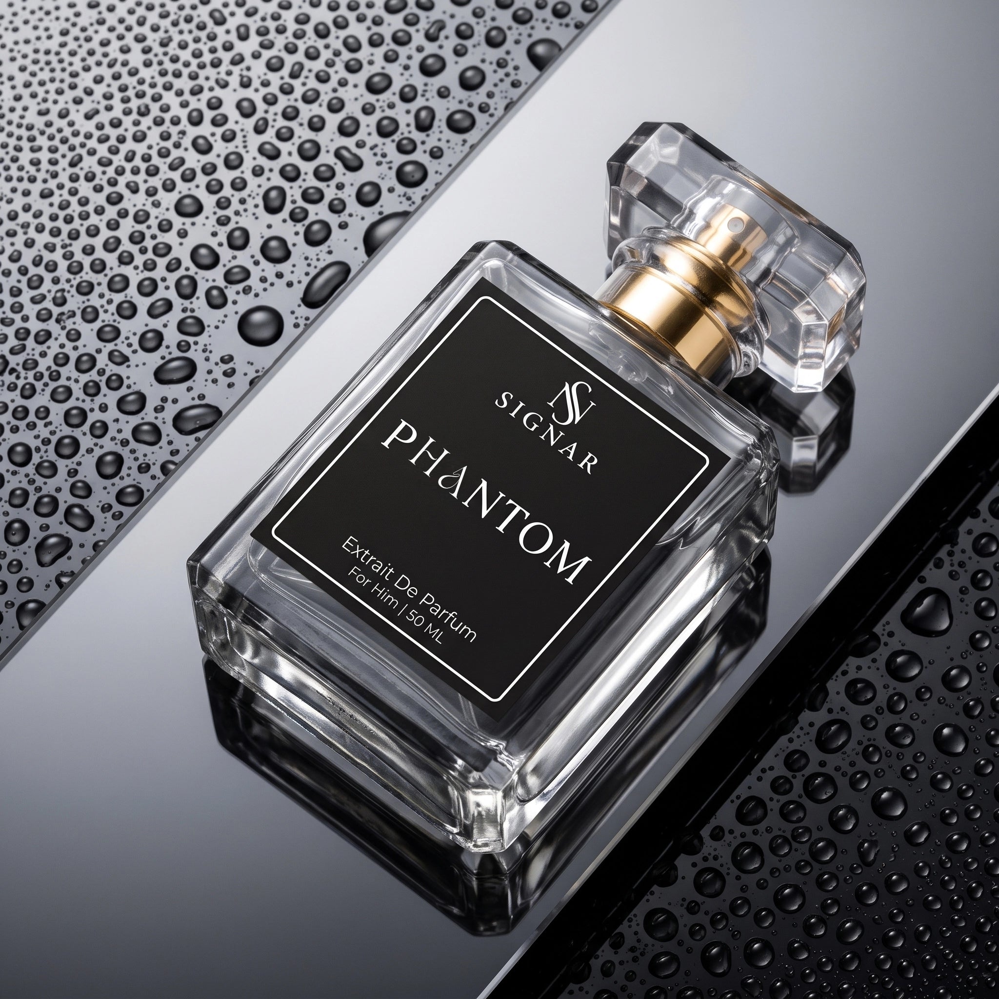 SIGNAR PHANTOM Extrait De Parfum 100ml perfume bottle with a clear glass body, black label, and gold spray mechanism, resting on a glossy black surface with water droplets.