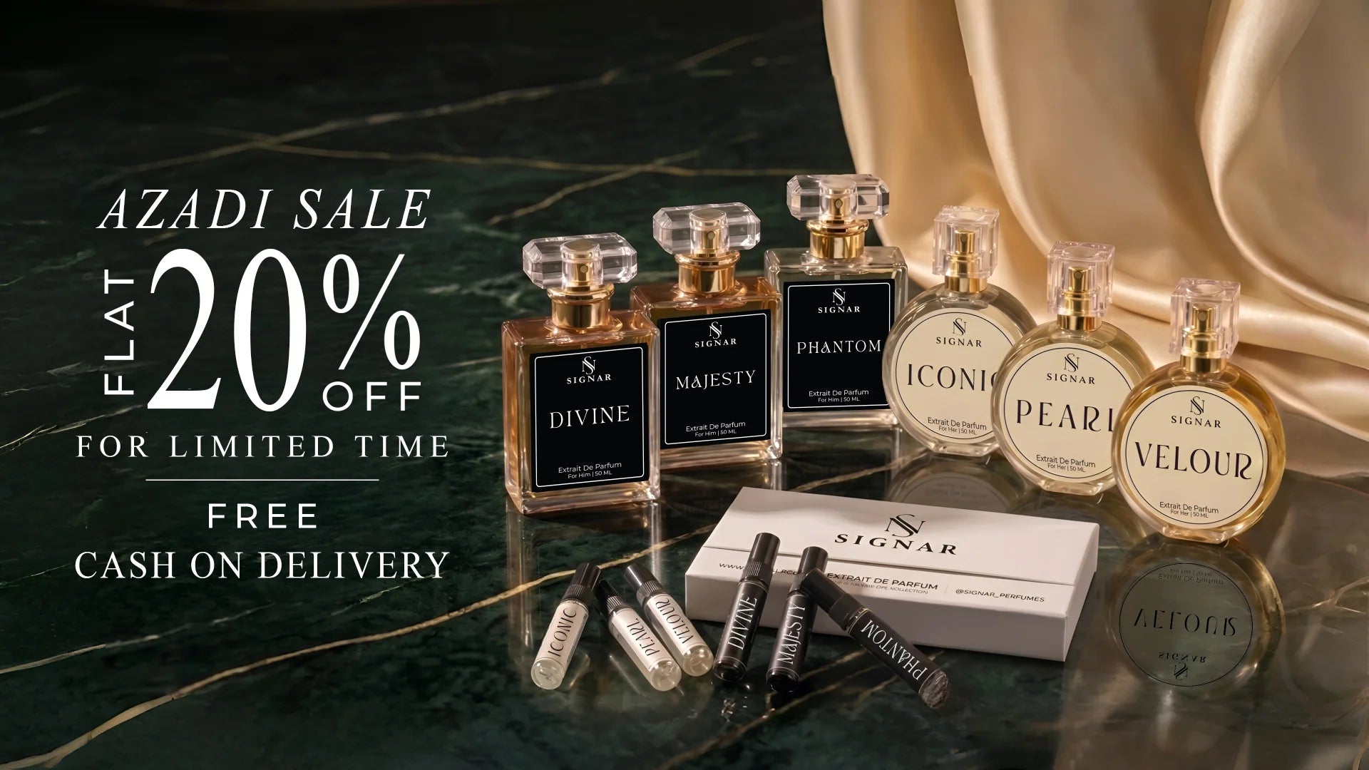 A group of perfume bottles from Signar, including Divine, Majesty, Phantom, Icon, Pearl, and VeLOUR, displayed on a dark green marble surface next to a gold satin drape. In front of the bottles are several travel atomizers and a white Signar box.
