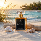 A perfume bottle labeled 'SIGNAR DIVINE' stands on sand in a beach setting with shells, driftwood, ocean water, and palm trees in the background.