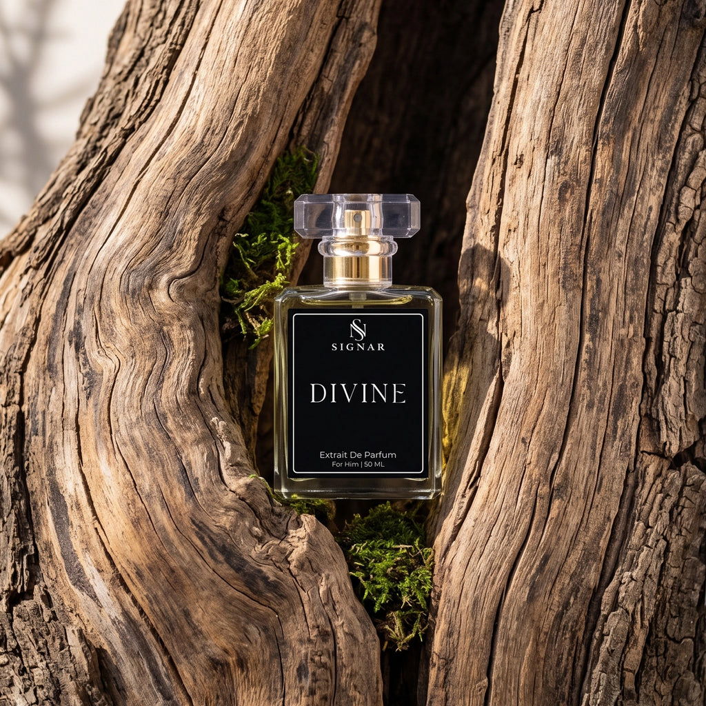A bottle of SIGNAR Divine Extrait De Parfum placed in a hollow of weathered tree bark with small green moss visible around it. The bottle is clear glass with pale yellow liquid, a black front label with white text, and a clear cap.
