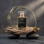 A rectangular glass perfume bottle labeled 'SIGBAR DIVINE' with a black label and gold-toned cap, styled on a piece of driftwood with two dark stones and a dried leafy branch against a textured gray background.