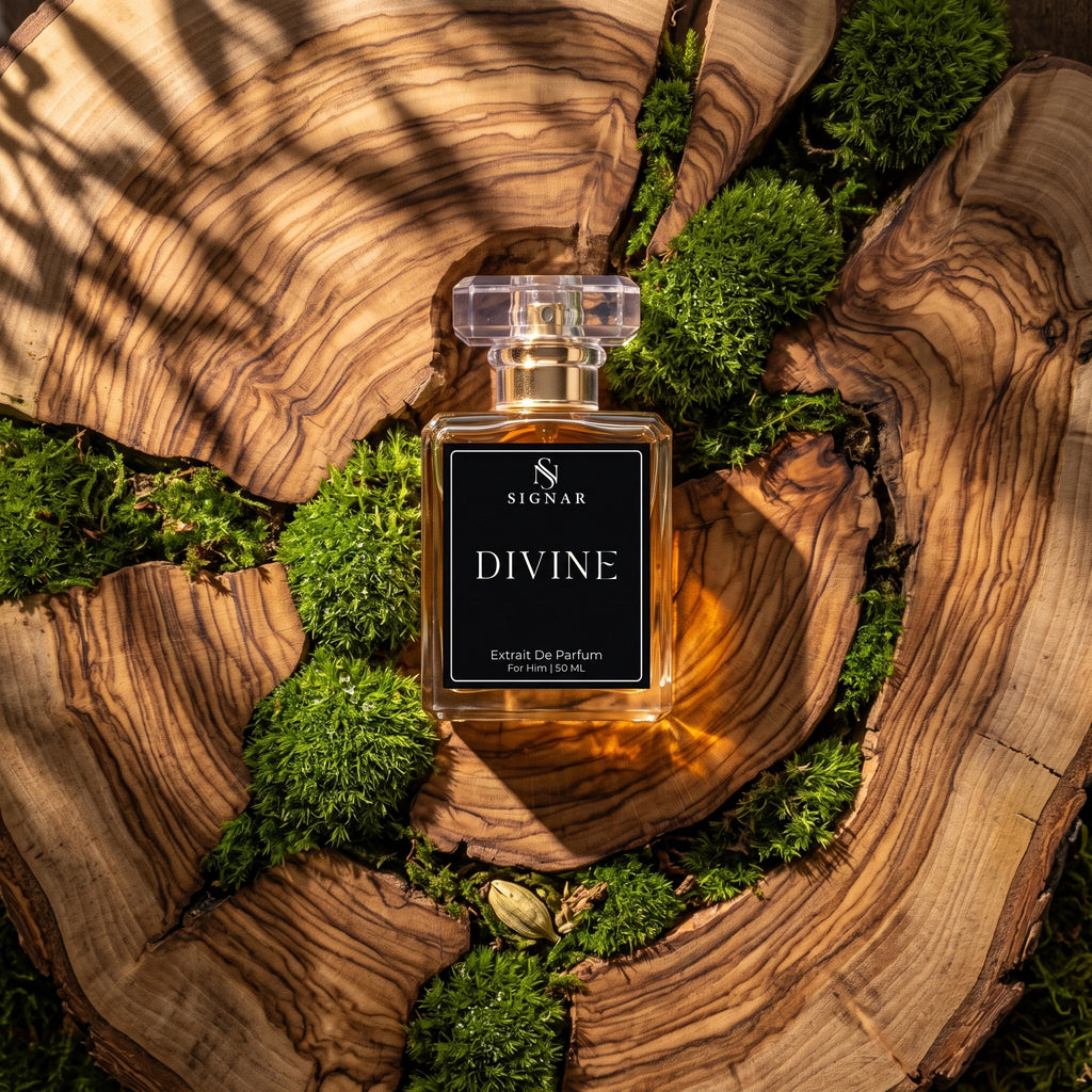 A glass perfume bottle labeled 'SIGBAR DIVINE' sits centered on a polished wood slice surrounded by green moss. The bottle has a clear cap and a black front label with white text.