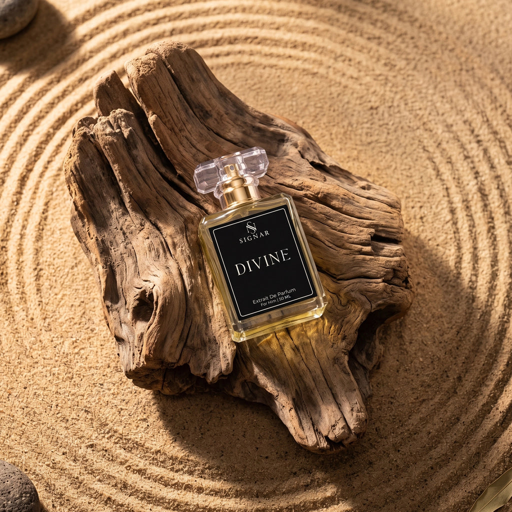 A rectangular glass perfume bottle labeled 'DIVINE' by SUGAR, placed on a piece of weathered driftwood over sand with circular ripples. The bottle contains a pale yellow liquid and has a black front label with white text.