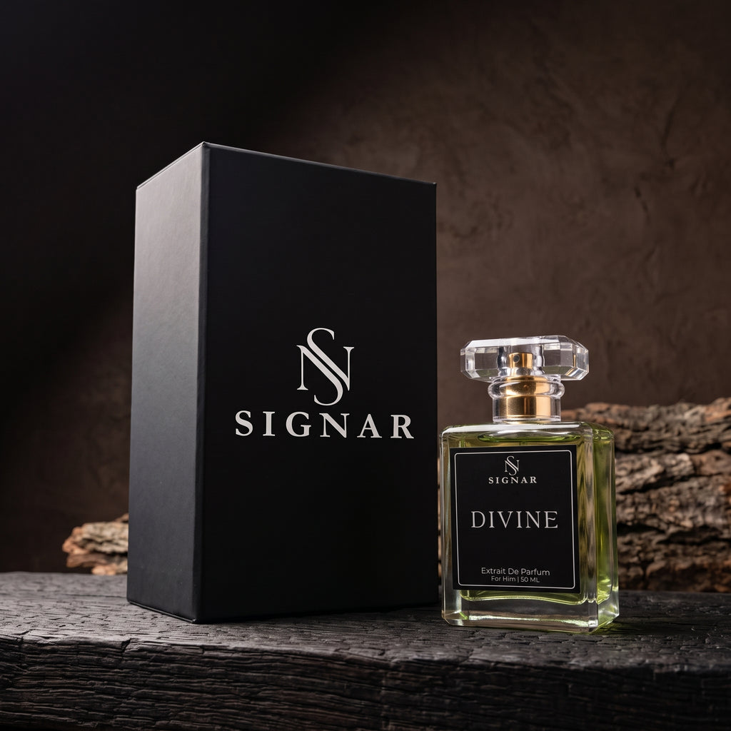A bottle of Signar Divine Eau de Parfum with a clear cap and gold spray mechanism, standing next to its black presentation box on a rustic dark wooden surface.