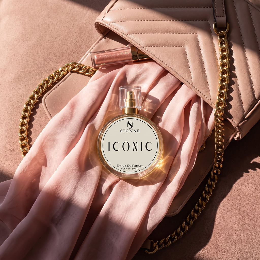 A round glass perfume bottle labeled SIGNAR ICONIC sits on draped blush pink fabric next to a matching quilted handbag with gold chain straps, in warm sunlight.
