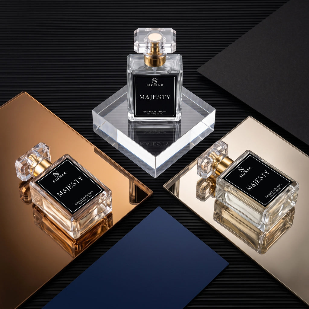 Three clear glass perfume bottles labeled SIONAR MAJESTY are arranged on reflective metallic surfaces against a dark textured background. One bottle stands on a clear acrylic pedestal, and the other two rest on mirrored gold and navy blue planes.