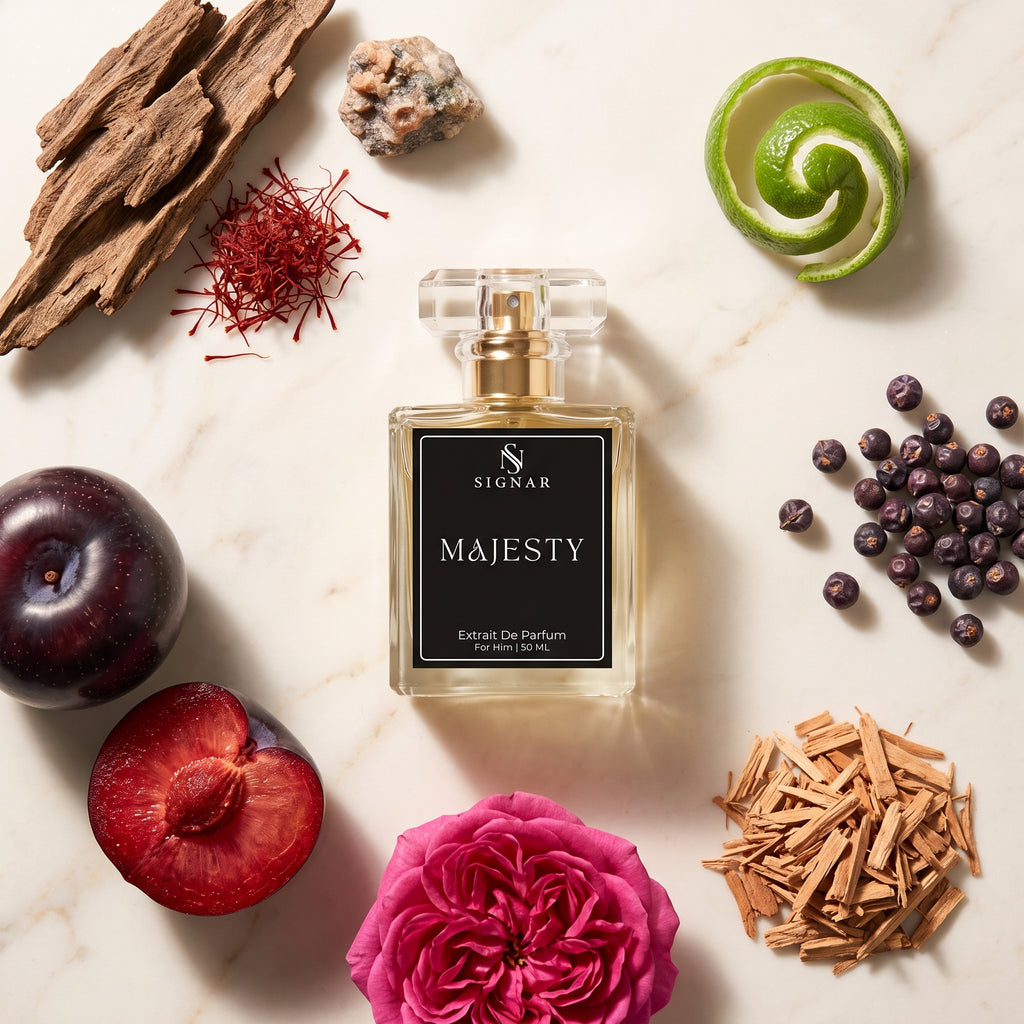 A rectangular glass perfume bottle labeled SIGNAR MAJESTY sits on a light marble surface, surrounded by fragrance-inspired ingredients including a sliced plum, a pink rose, a green citrus spiral, blueberries, wood chips, saffron threads, and a small stone.
