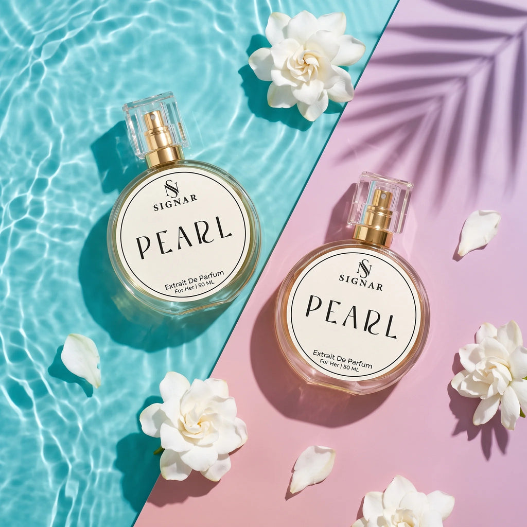 Two SIGNAR PEARL Extrait De Parfum bottles arranged on a split turquoise and pink background with white flowers and leaf shadows.