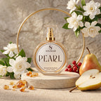 SIGNAR PEARL Extrait De Parfum perfume bottle displayed on a stone pedestal with white flowers, a pear, red berries, amber droplets, and a gold ring against a textured beige background.