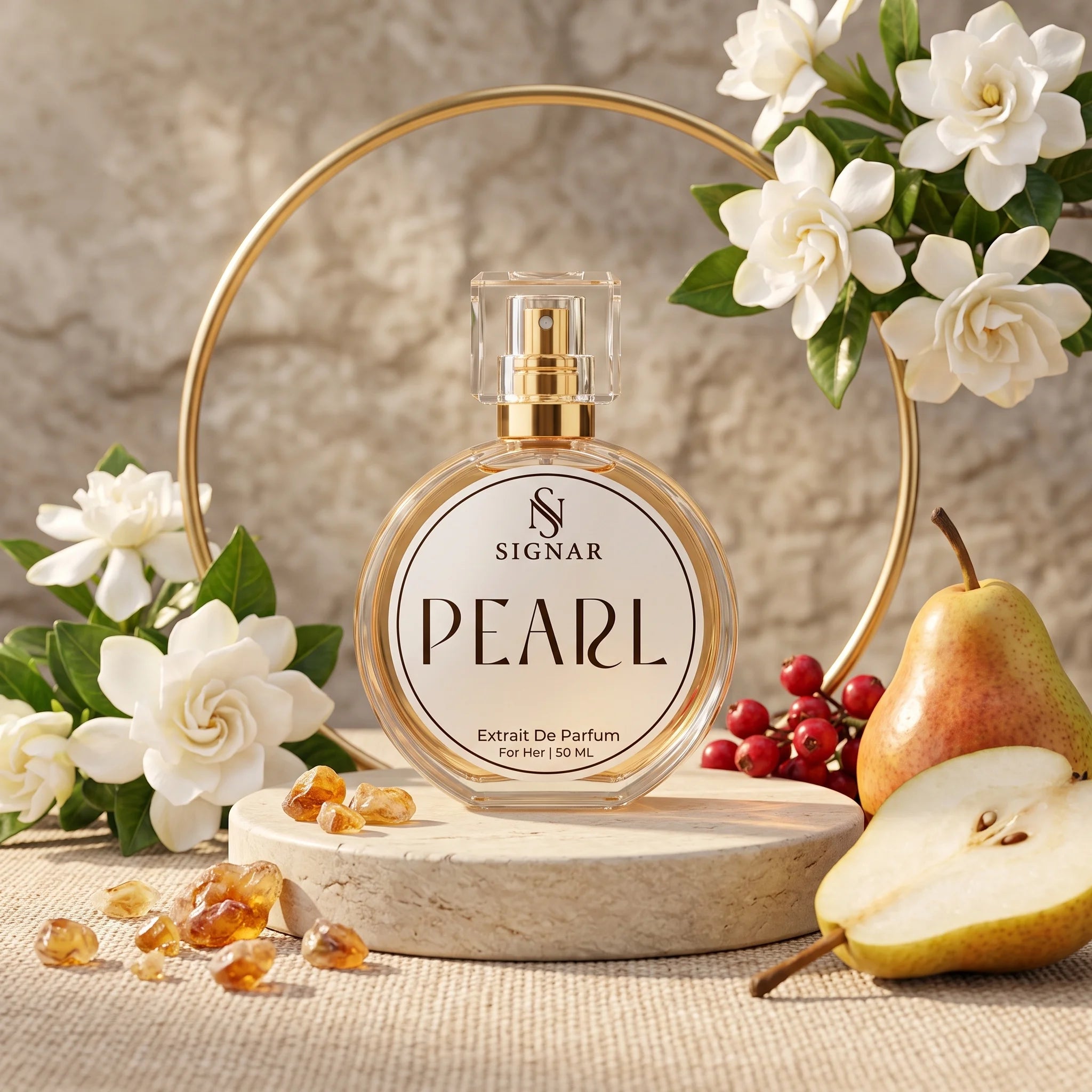 SIGNAR PEARL Extrait De Parfum perfume bottle displayed on a stone pedestal with white flowers, a pear, red berries, amber droplets, and a gold ring against a textured beige background.