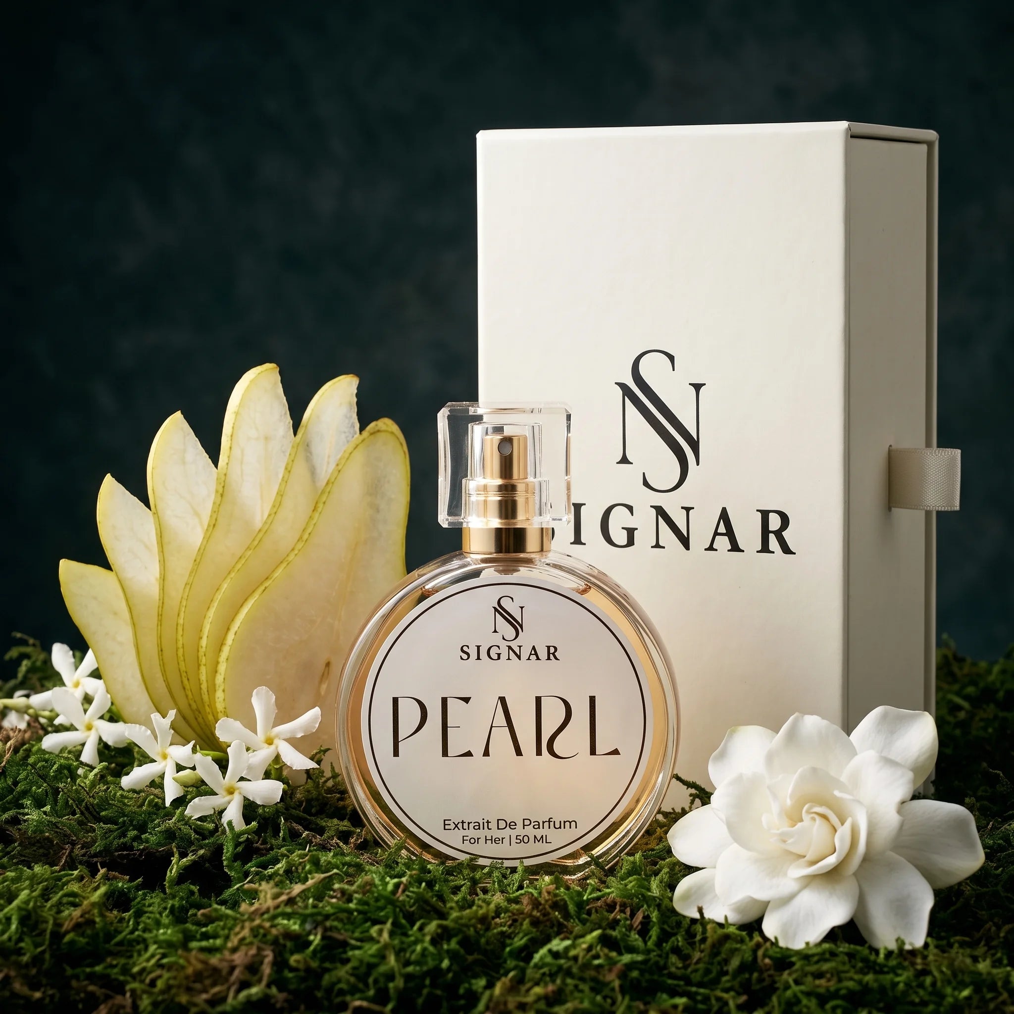 SIGNAR Pearl Extrait De Parfum 150ml perfume bottle with a gold cap, displayed in front of its cream-colored packaging box, surrounded by white flowers and a yellow flower on a green mossy surface against a dark textured background.