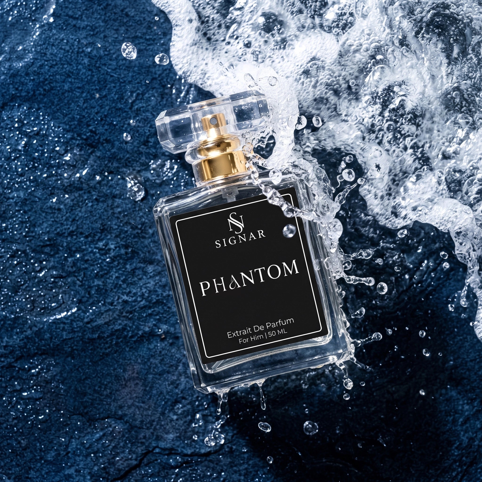 A clear glass perfume bottle labeled 'SIGNAR PHANTOM' with a gold spray top, floating in dramatic water spray against a dark blue textured background.