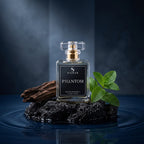 A bottle of Signar Phantom Extrait De Parfum perfume is displayed on a dark rock with a piece of driftwood and green mint leaves, set against a dark blue background with water ripples below.