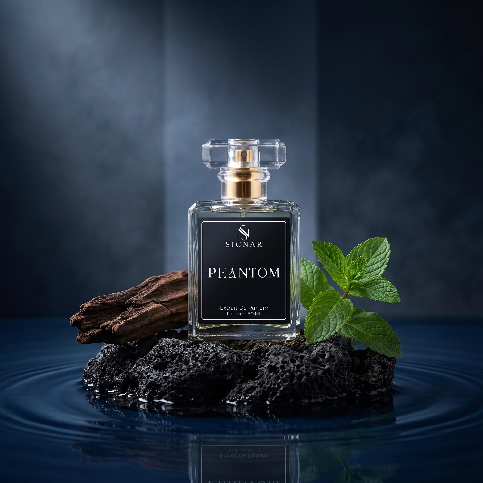 A bottle of Signar Phantom Extrait De Parfum perfume is displayed on a dark rock with a piece of driftwood and green mint leaves, set against a dark blue background with water ripples below.