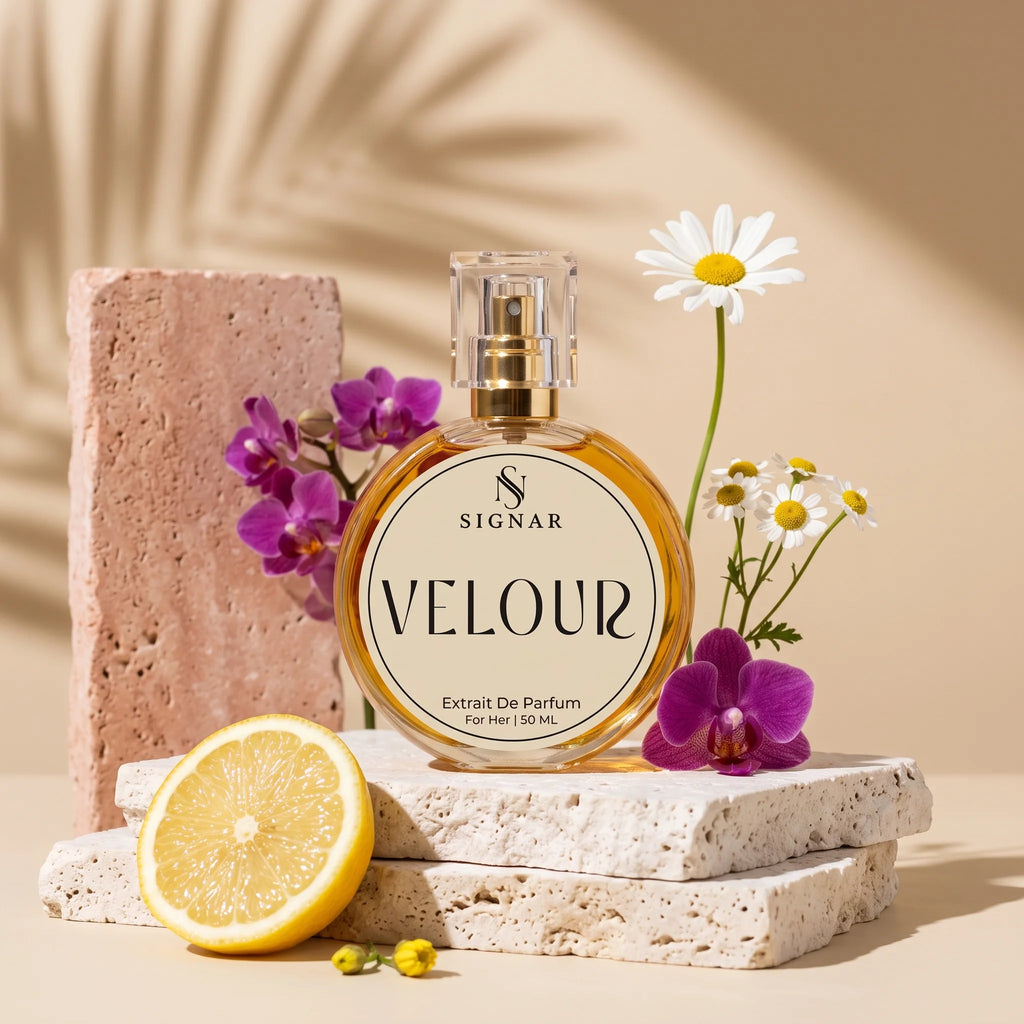 SIGNAR VELOUR Extrait De Parfum for Her, 150 mL round glass bottle with a gold cap, styled on stacked stone slabs with a lemon half, purple orchids, daisies, and a pink stone block against a warm beige background with leaf shadows.