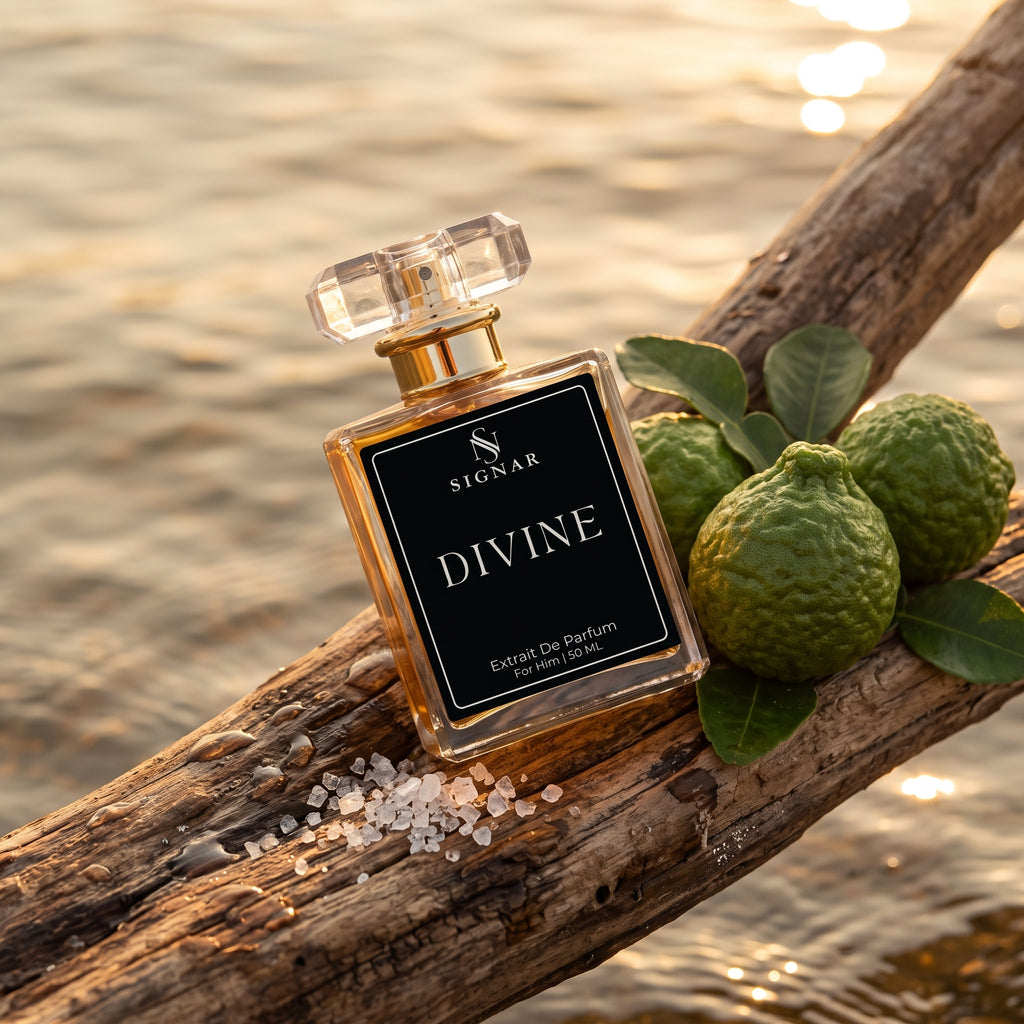 A glass perfume bottle labeled 'SIGNAR DIVINE' with amber liquid and a black label, placed on a weathered log beside green citrus fruits and leaves, with water in the background.
